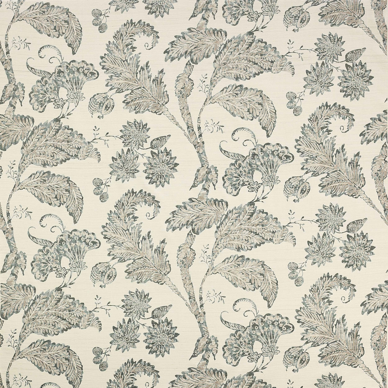 Cream fabric swatch with large blue-grey botanical floral pattern