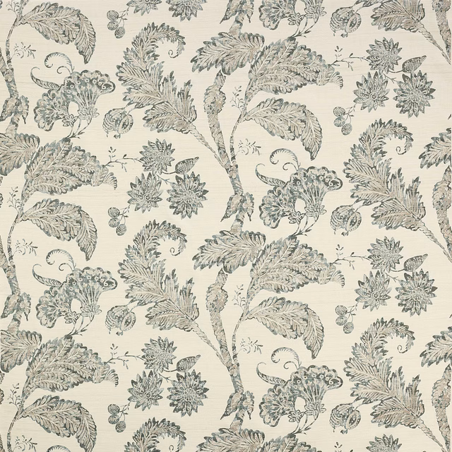 Cream fabric swatch with large blue-grey botanical floral pattern