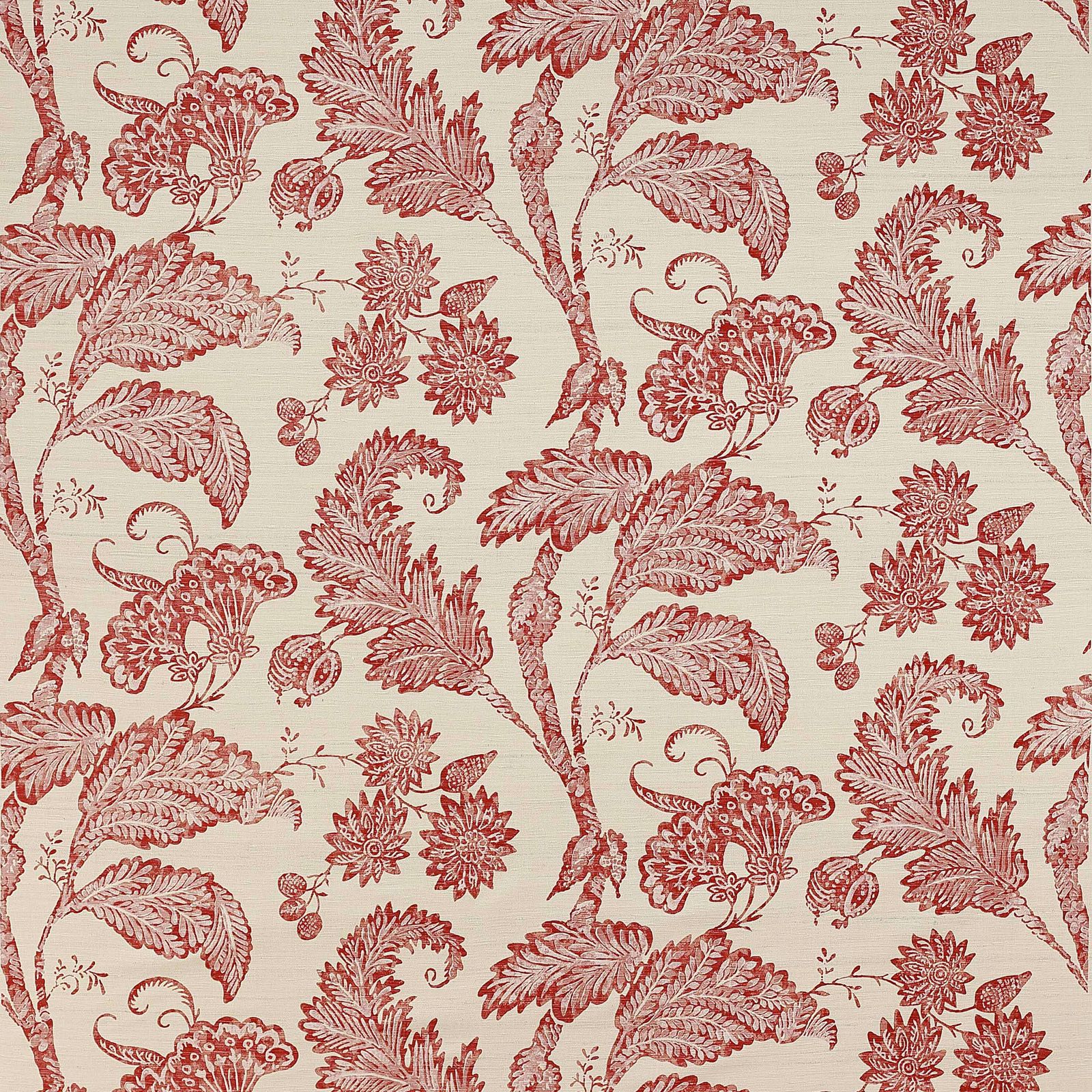 Tomato-red floral and leaf patterned fabric on a cream ground, shown as a swatch