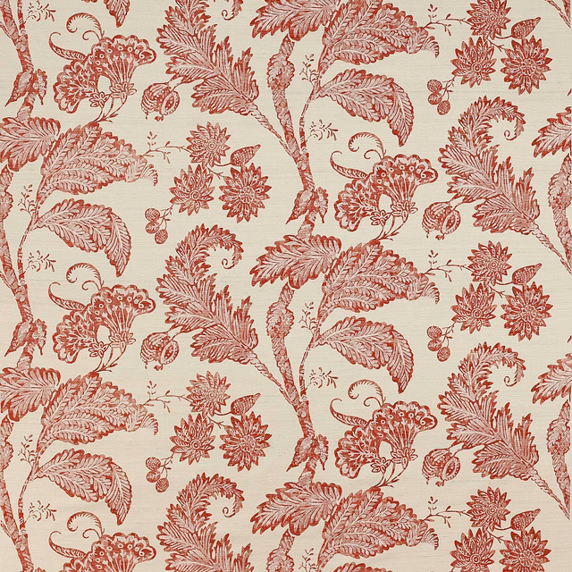 Tomato-red floral and leaf patterned fabric on a cream ground, shown as a swatch