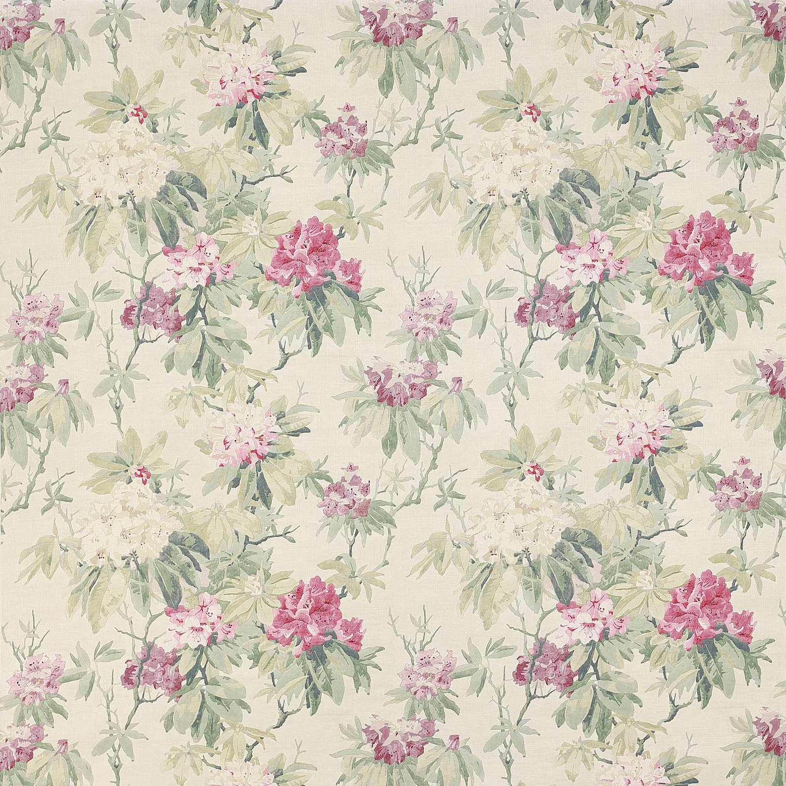 Pale floral linen with pink blossoms and forest green leaves on a light ground