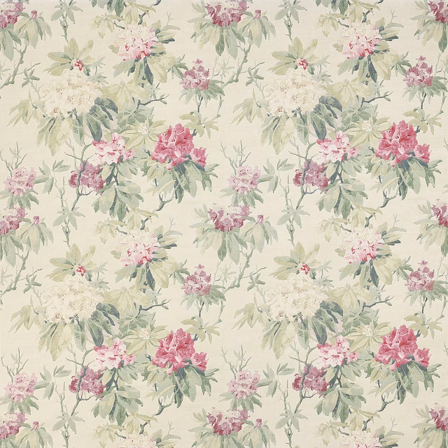 Pale floral linen with pink blossoms and forest green leaves on a light ground