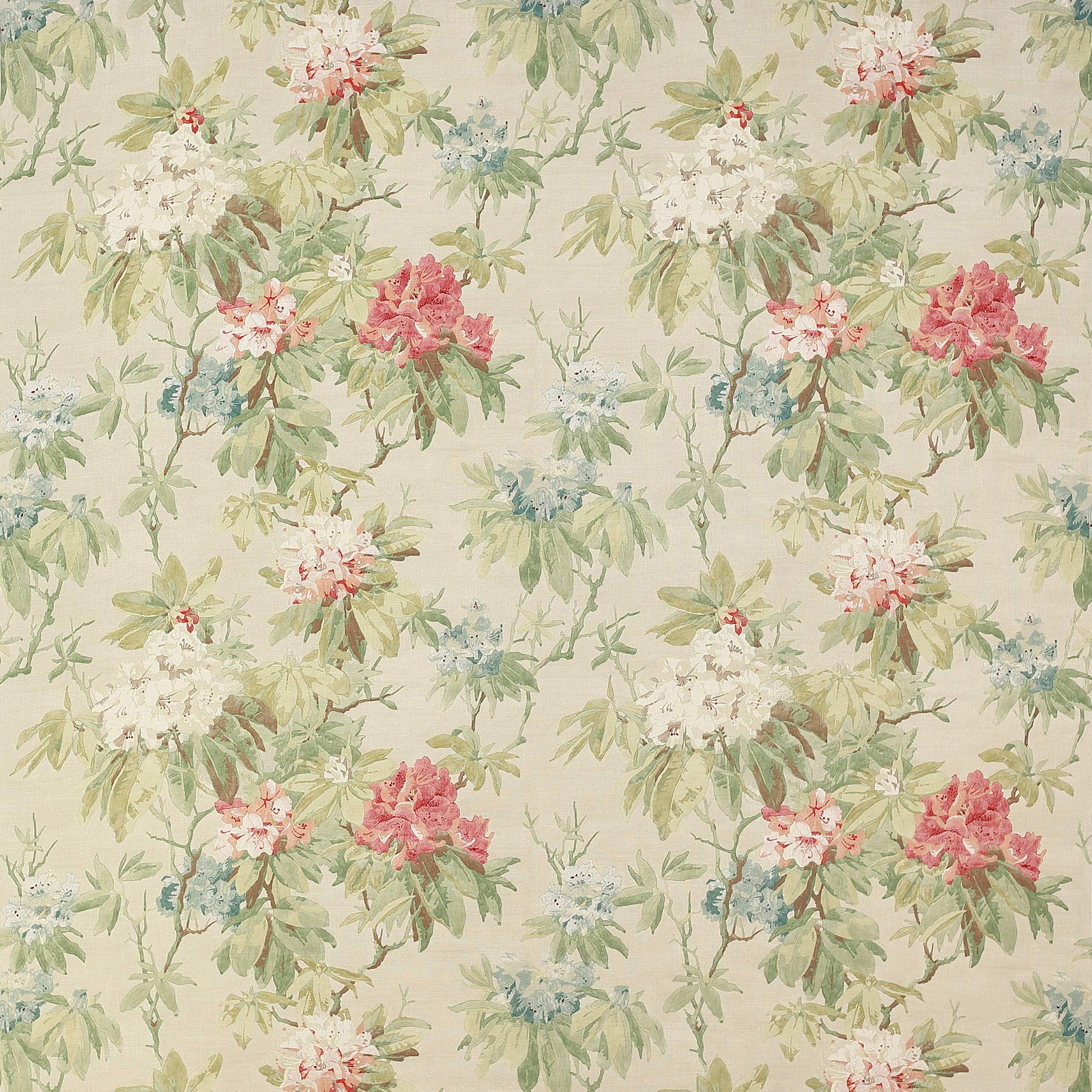 Painterly floral linen with olive leaves, tomato pink blooms and a pale cream ground