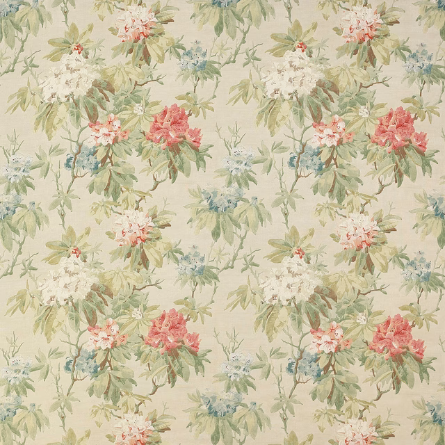Painterly floral linen with olive leaves, tomato pink blooms and a pale cream ground