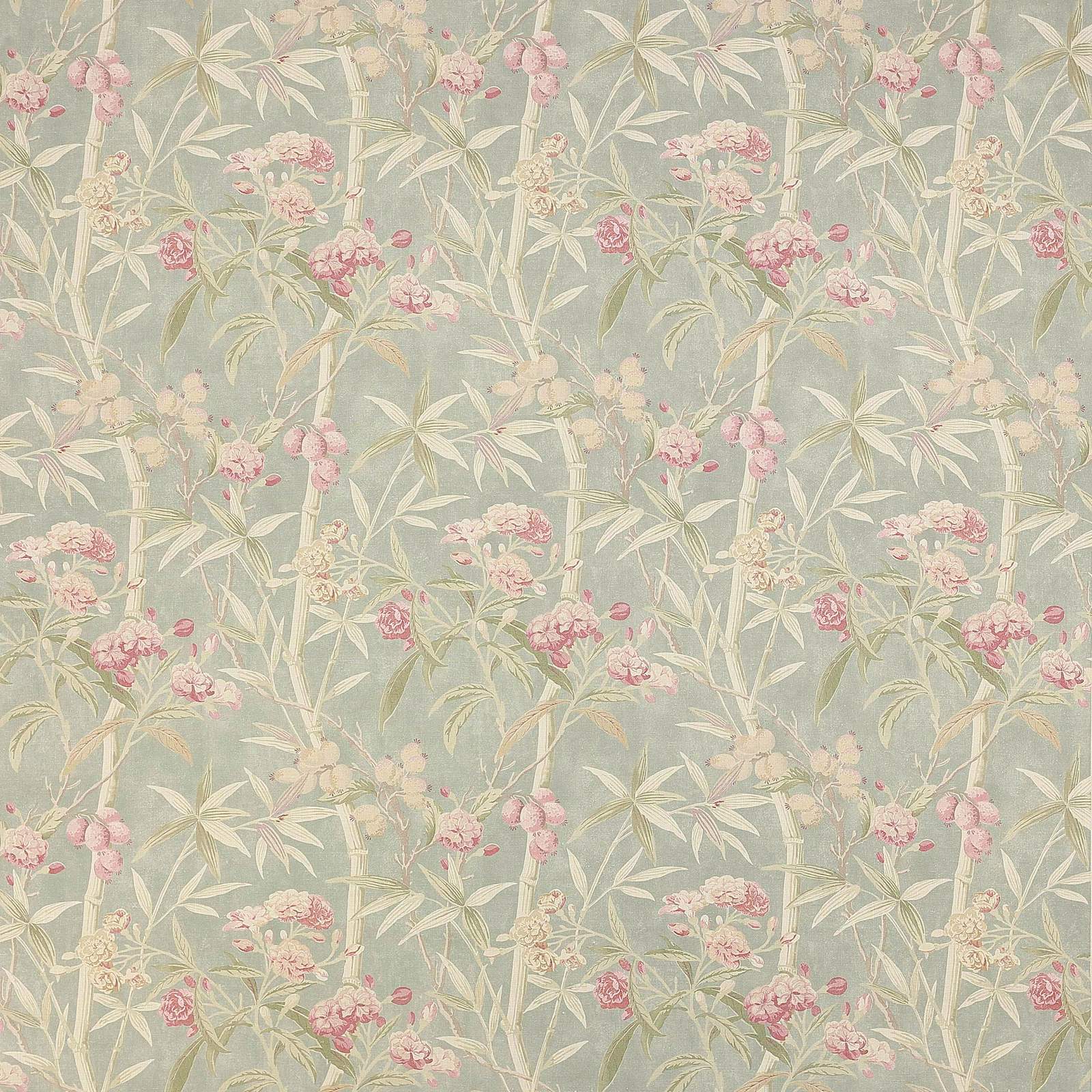 Soft dusty blue linen fabric with pale botanical stems and pink blossom clusters