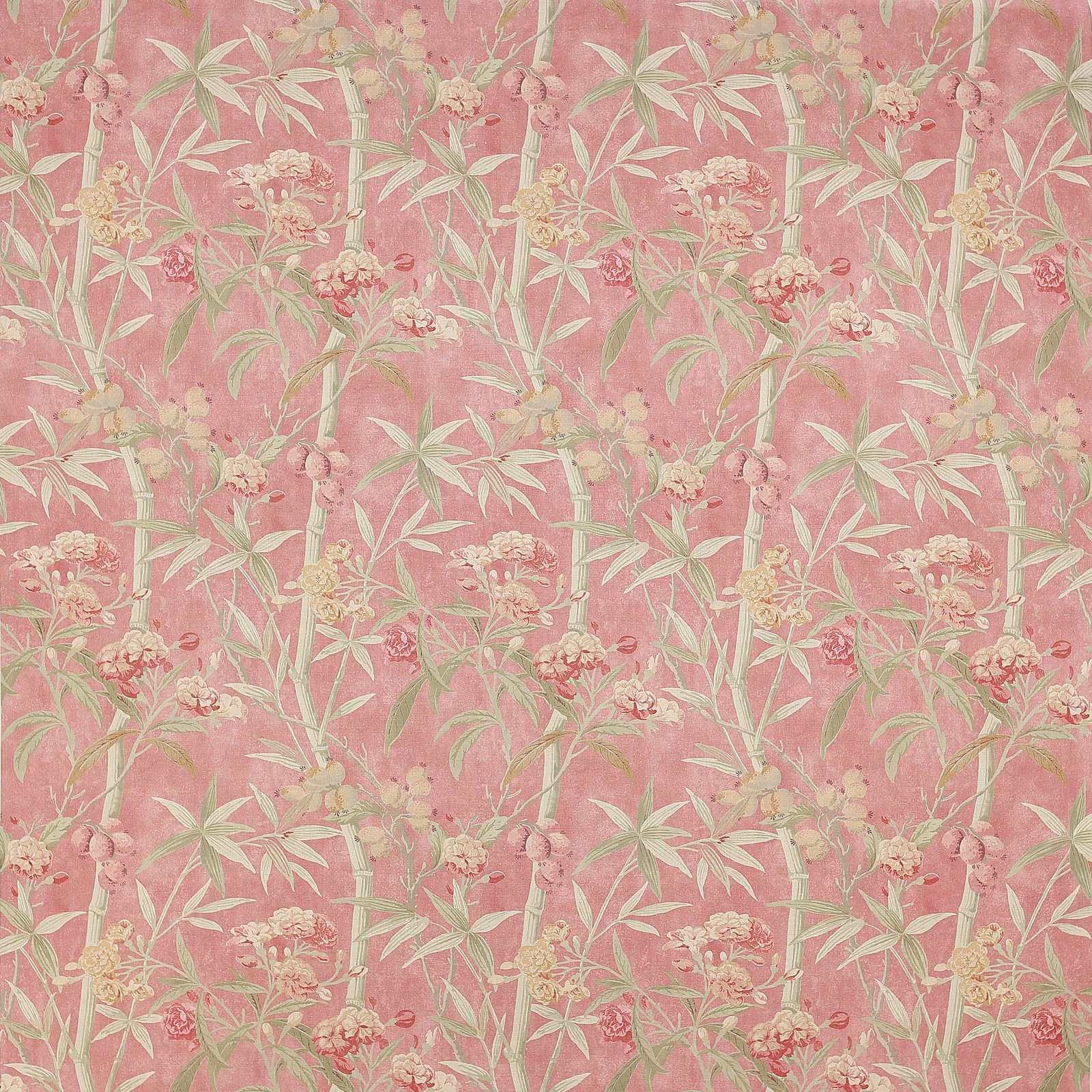 Pink botanical linen fabric with pale bamboo stems and floral clusters