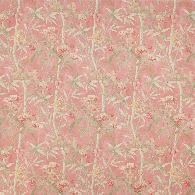 Pink botanical linen fabric with pale bamboo stems and floral clusters