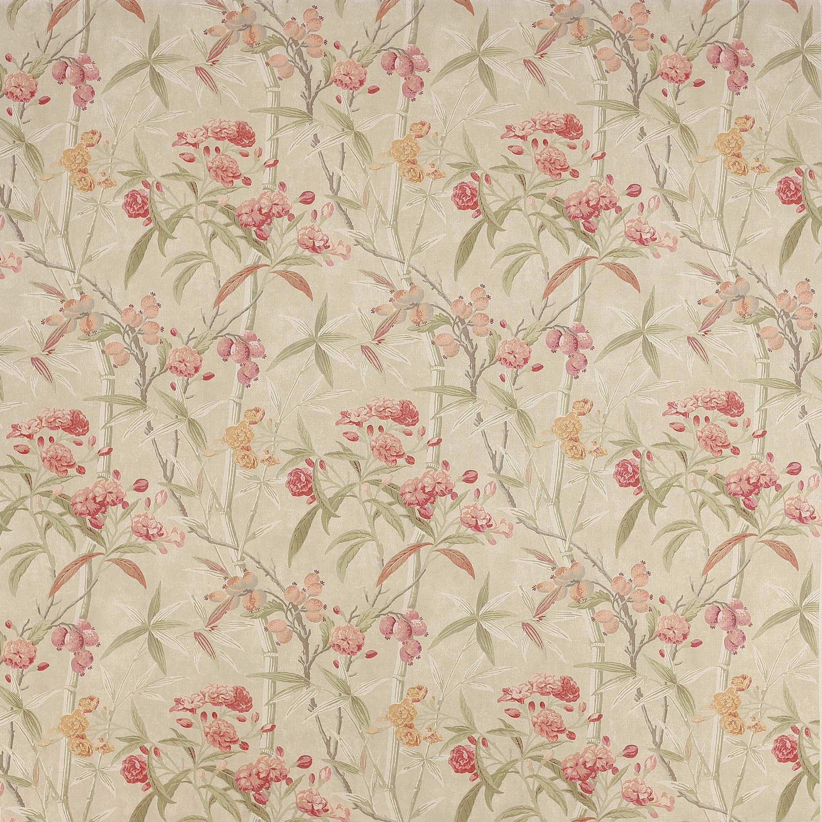 Cream linen floral fabric with pink and tomato blossoms and green stems