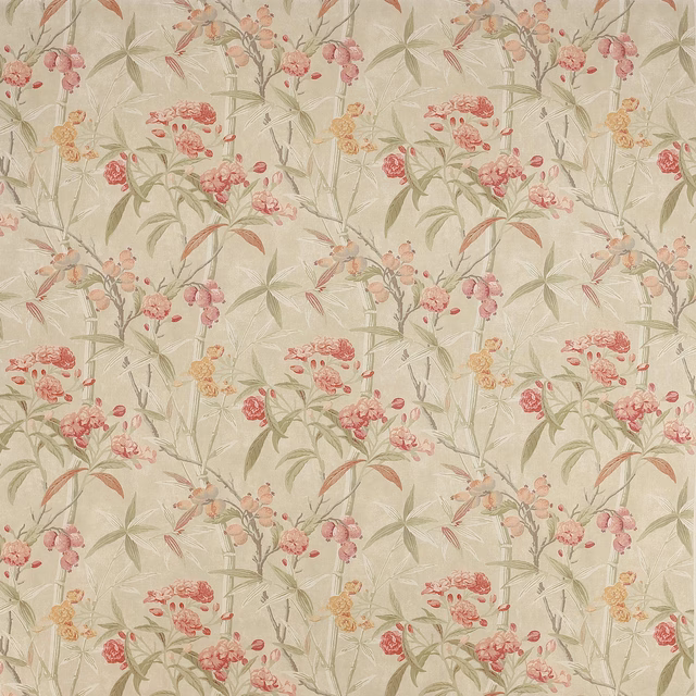 Cream linen floral fabric with pink and tomato blossoms and green stems