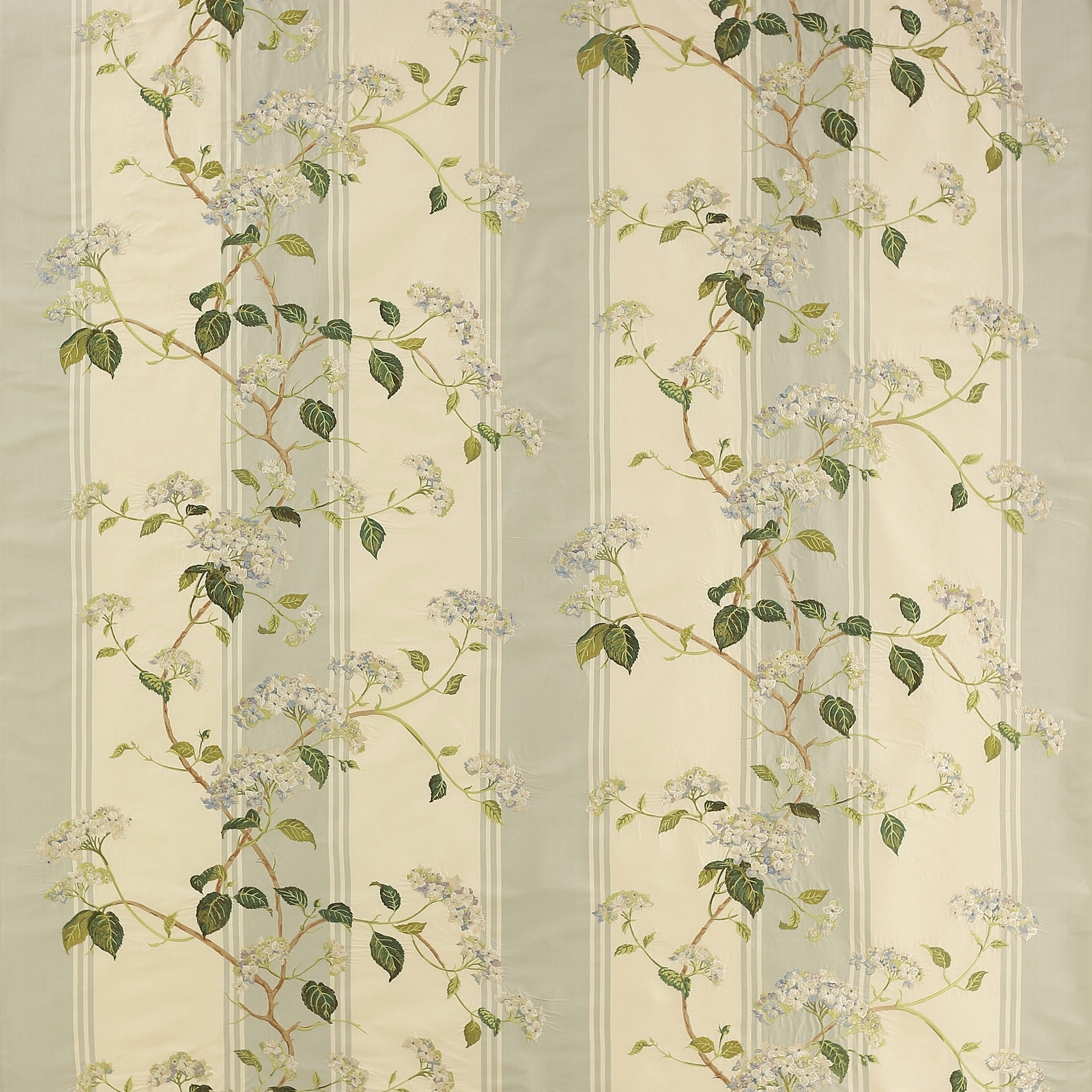 Floral striped silk fabric in soft old blue with green leaves and white blossom