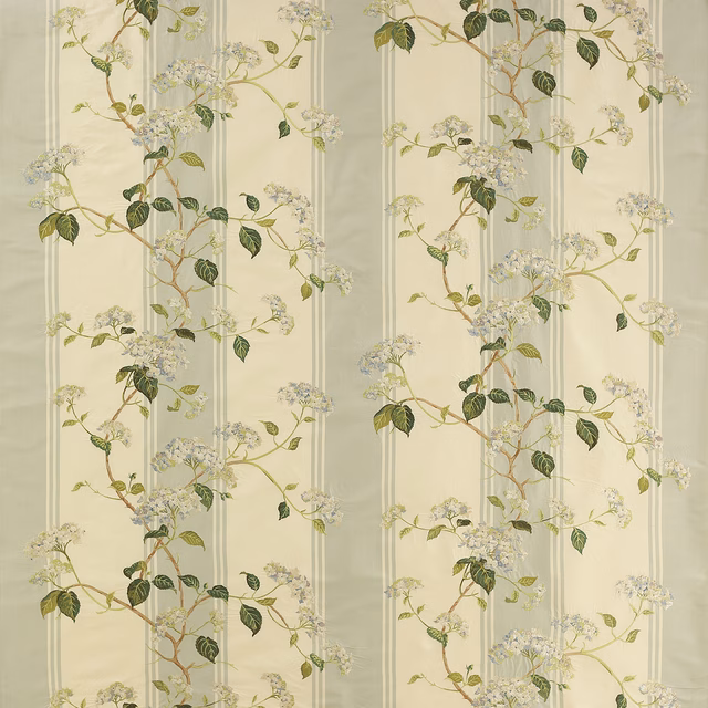 Floral striped silk fabric in soft old blue with green leaves and white blossom