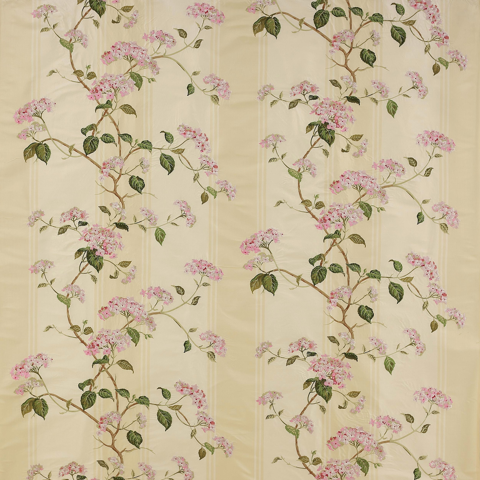 Pale cream floral fabric with pink blossoms and green leafy branches