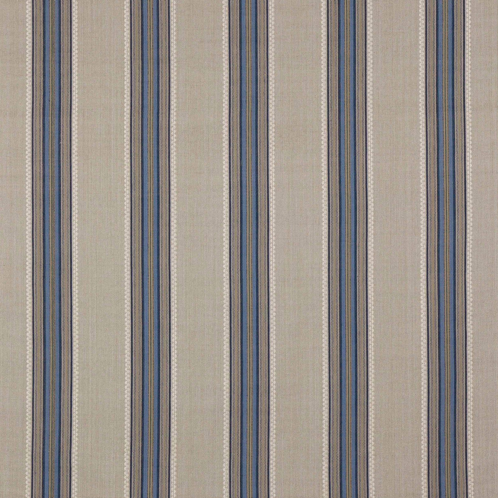 Vertical blue, stone and charcoal stripes on a woven beige cotton fabric swatch