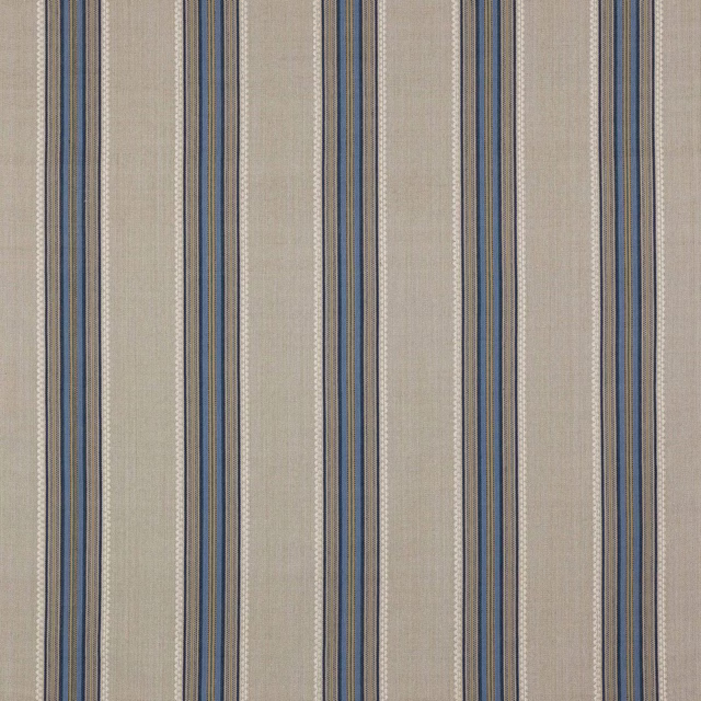 Vertical blue, stone and charcoal stripes on a woven beige cotton fabric swatch