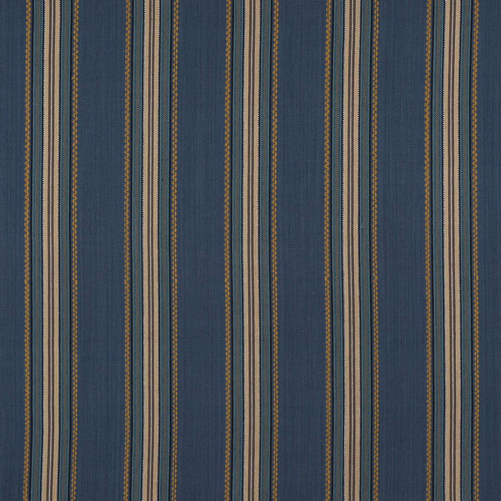 Vertical cobalt blue striped cotton fabric with narrow neutral and olive accents