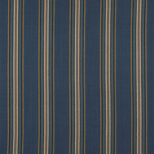 Vertical cobalt blue striped cotton fabric with narrow neutral and olive accents