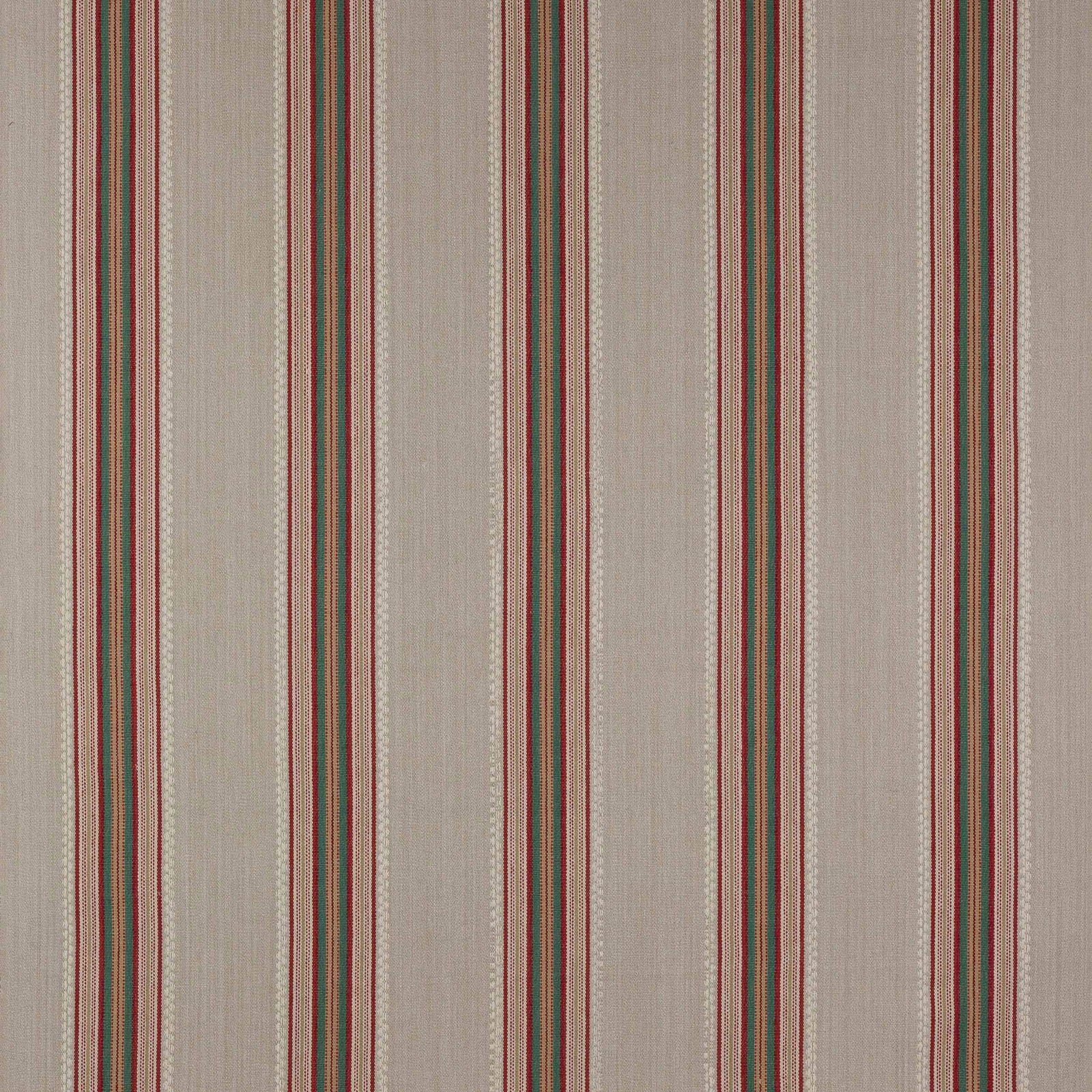 Vertical red and green stripe fabric on a warm stone cotton ground