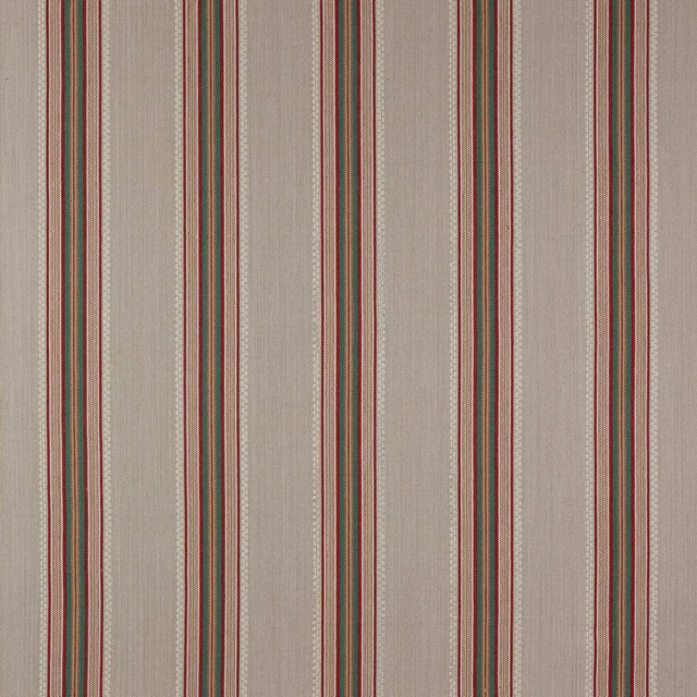 Vertical red and green stripe fabric on a warm stone cotton ground