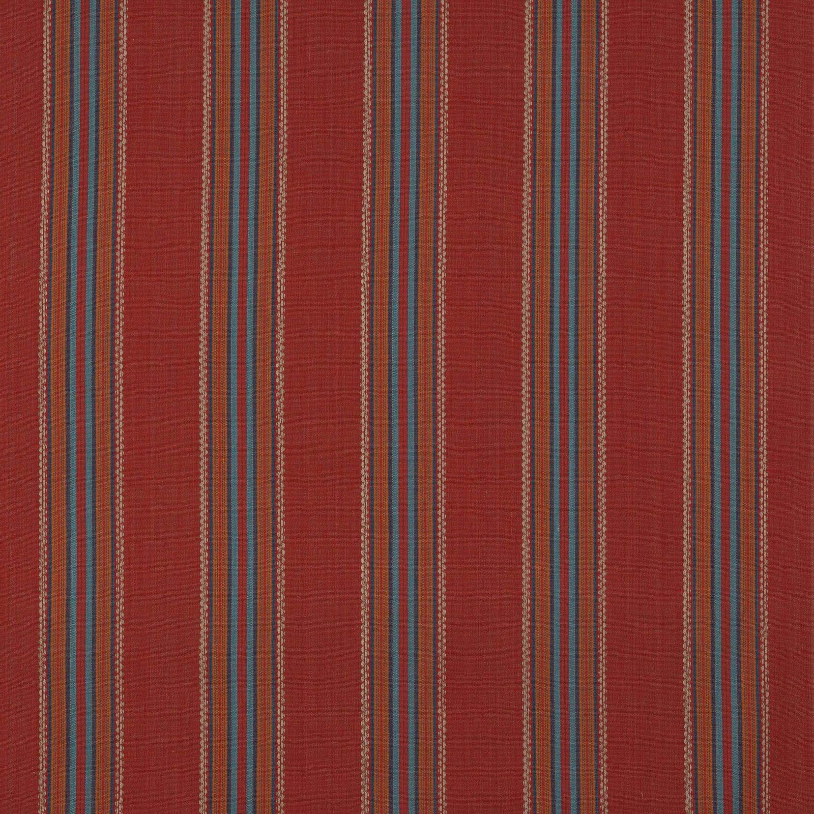 Terracotta red cotton stripe fabric with teal, blue and gold narrow bands
