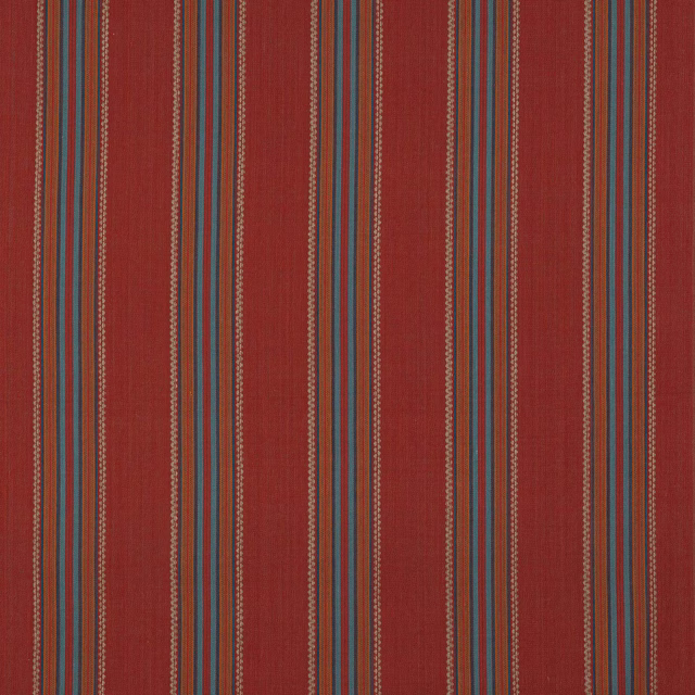 Terracotta red cotton stripe fabric with teal, blue and gold narrow bands