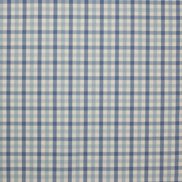 Blue and cream checked cotton fabric with a crisp woven grid