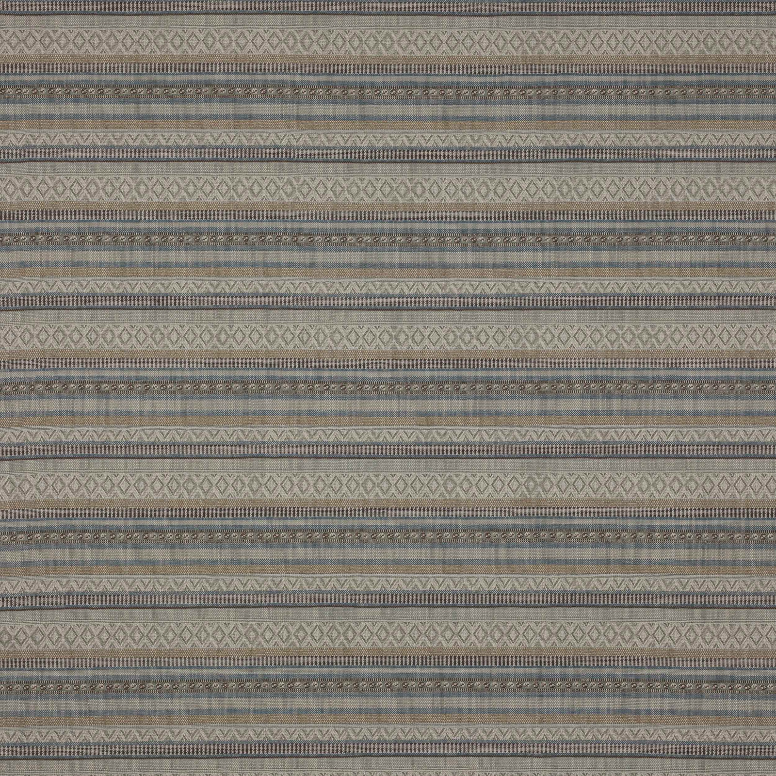 Beige and soft blue striped woven fabric with fine geometric bands