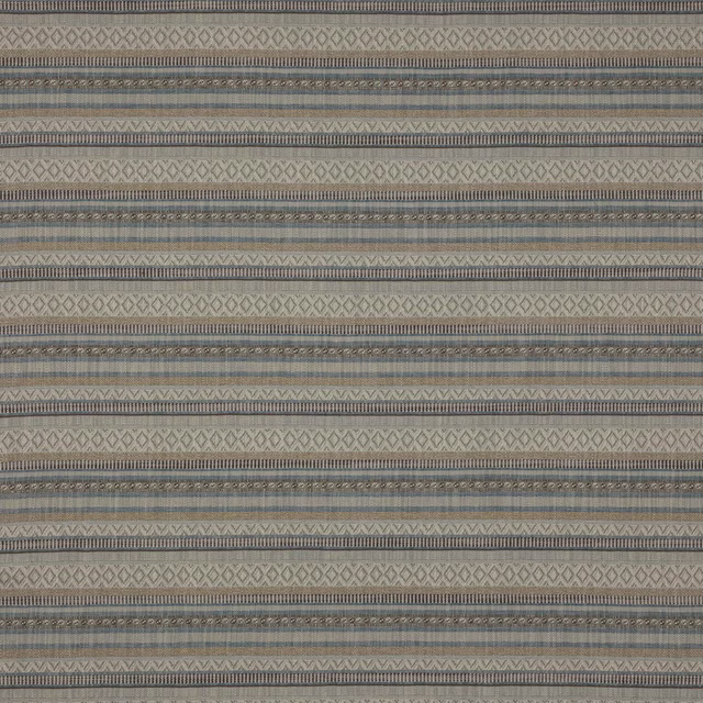 Beige and soft blue striped woven fabric with fine geometric bands