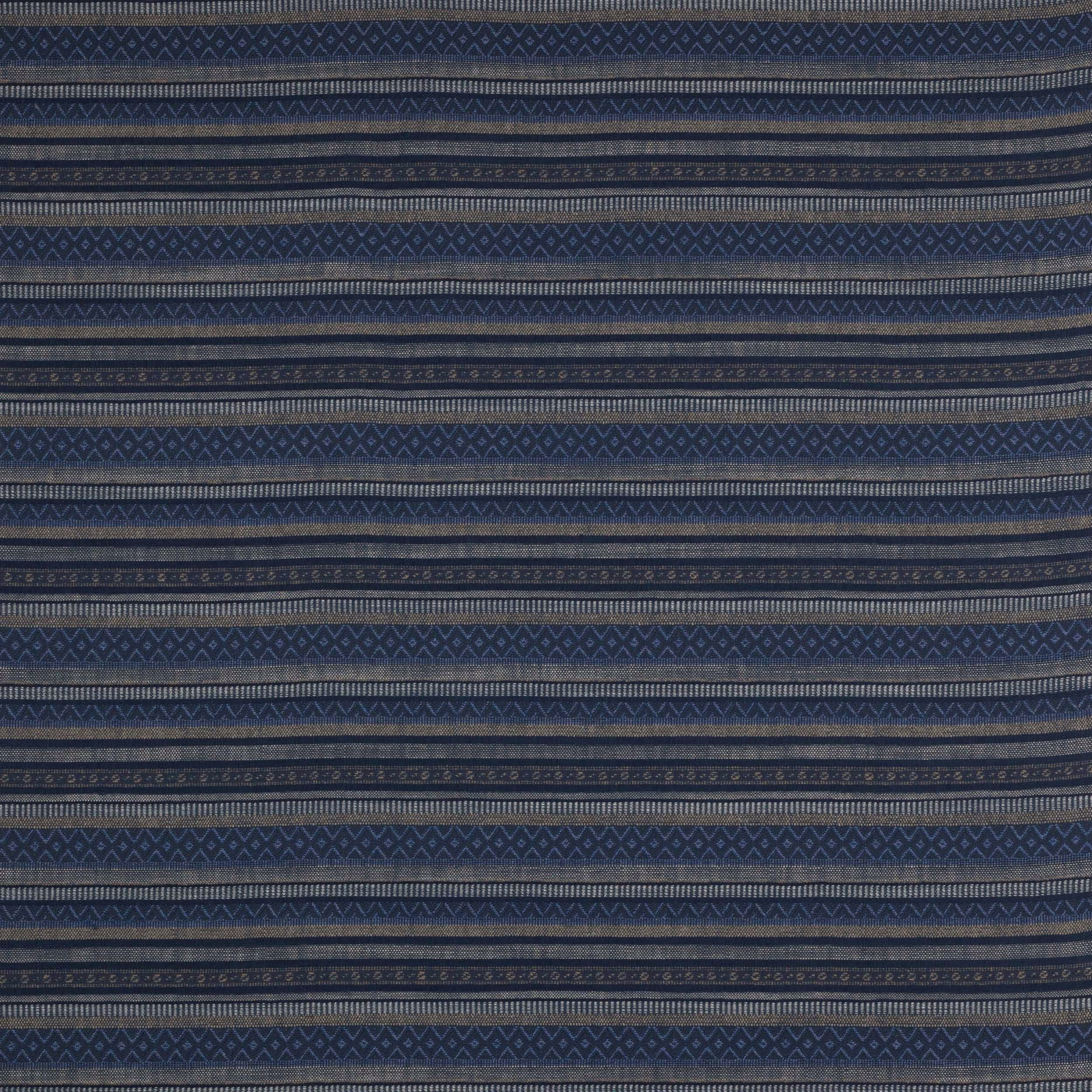 Blue woven stripe fabric with navy, grey and indigo bands