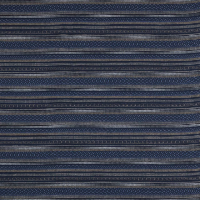 Blue woven stripe fabric with navy, grey and indigo bands