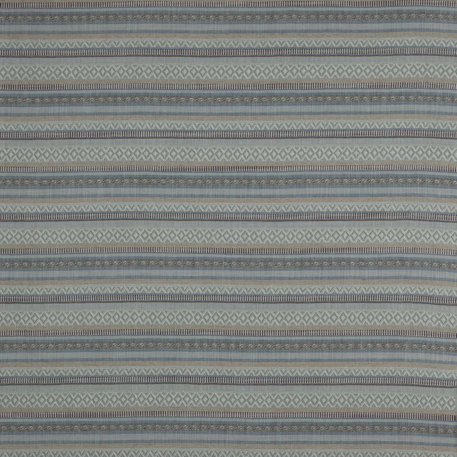 Pale blue striped fabric swatch with grey, ivory and taupe woven details