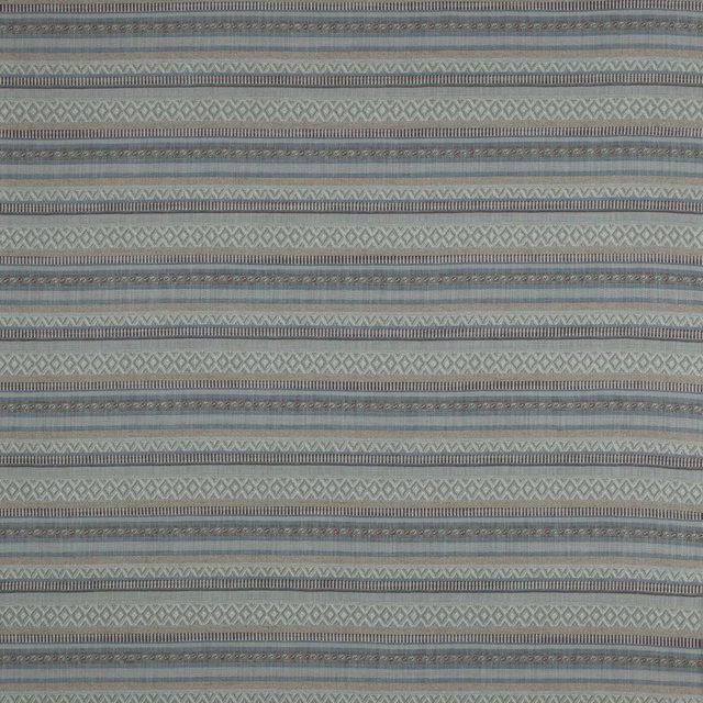 Pale blue striped fabric swatch with grey, ivory and taupe woven details
