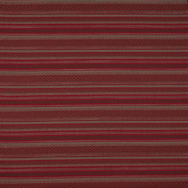 Close-up of a deep red striped woven fabric with taupe and brown detailing