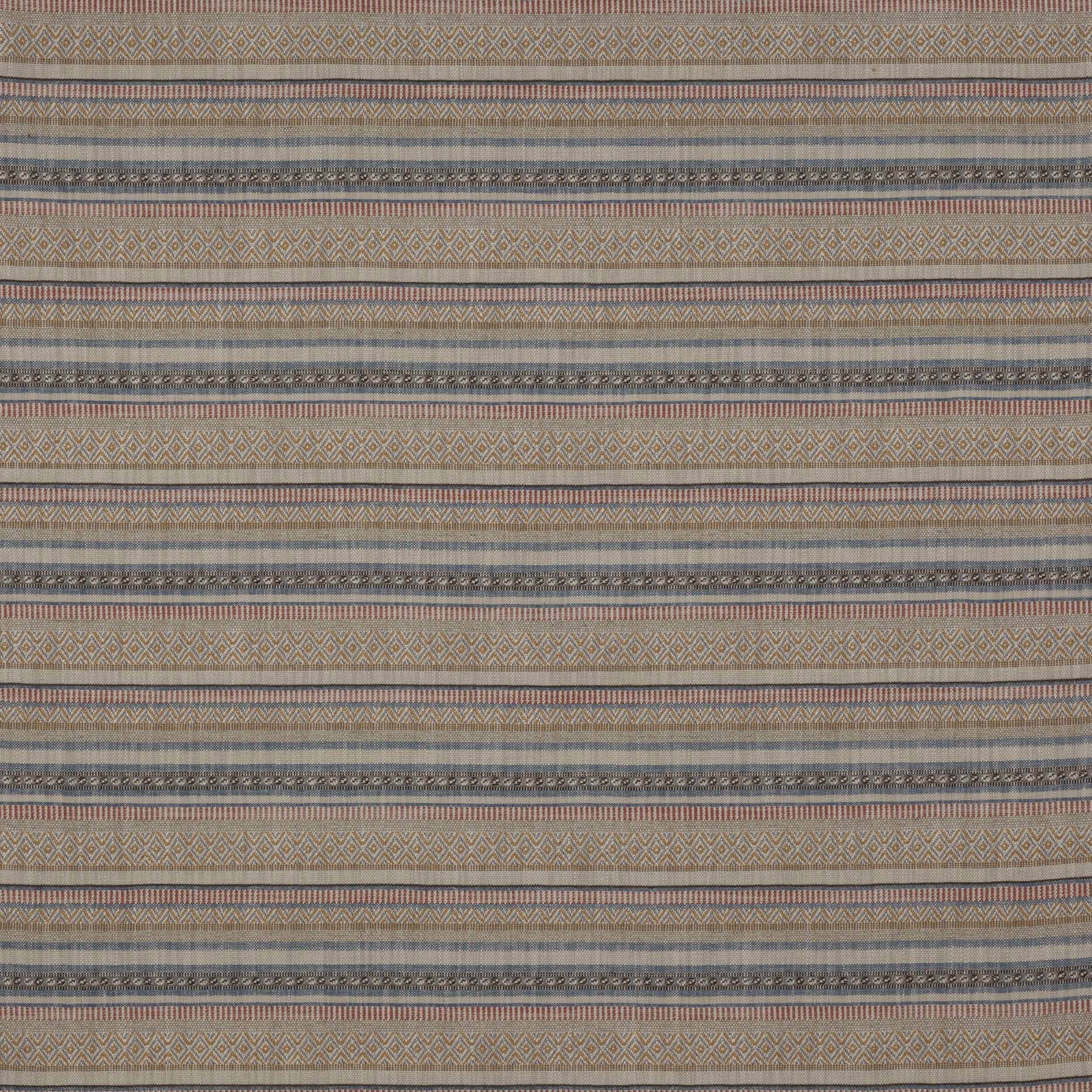 Muted red ochre and blue-grey striped woven fabric with fine geometric bands