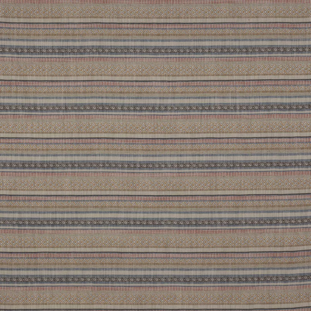 Muted red ochre and blue-grey striped woven fabric with fine geometric bands