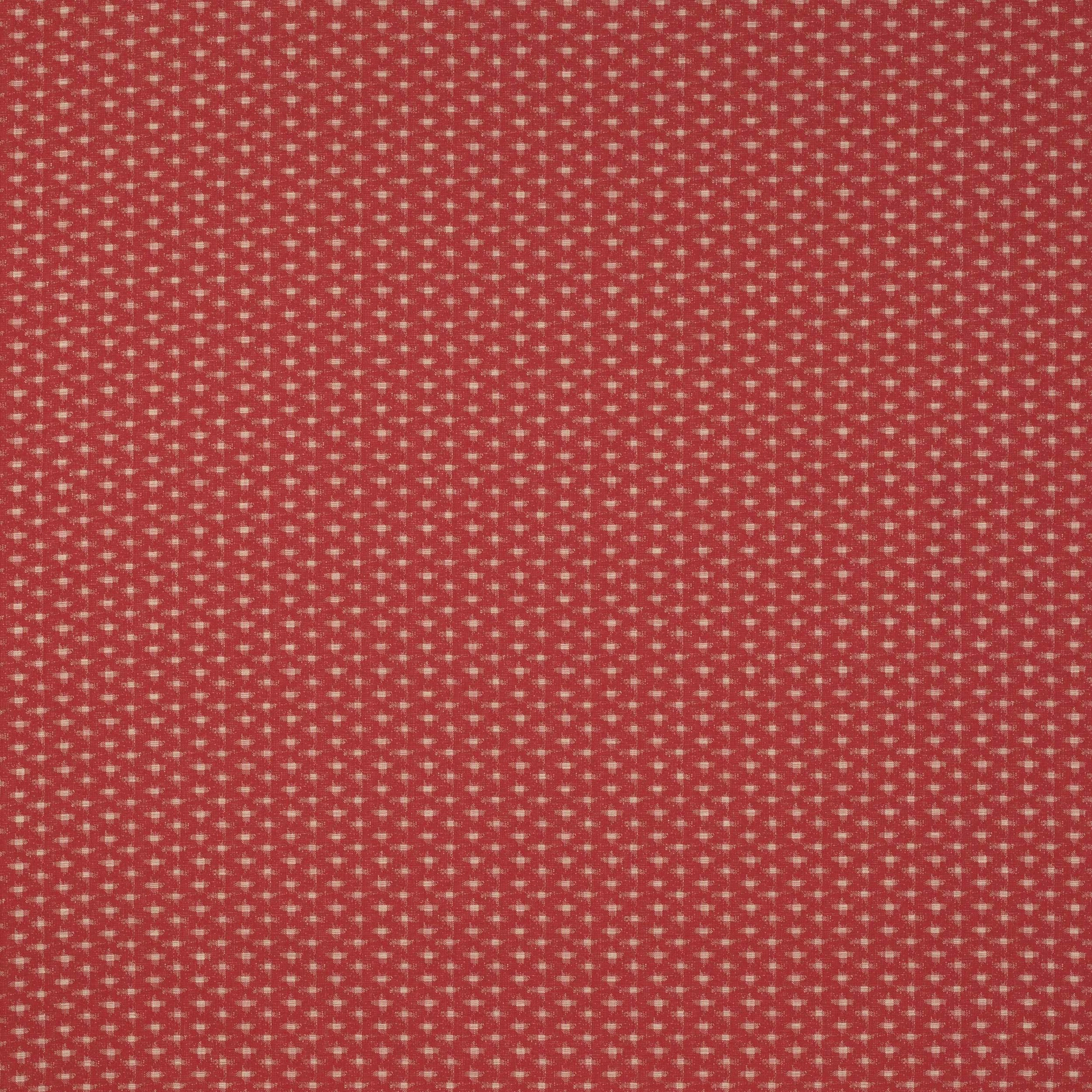 Close-up of small geometric woven fabric in warm coral red with pale speckled highlights