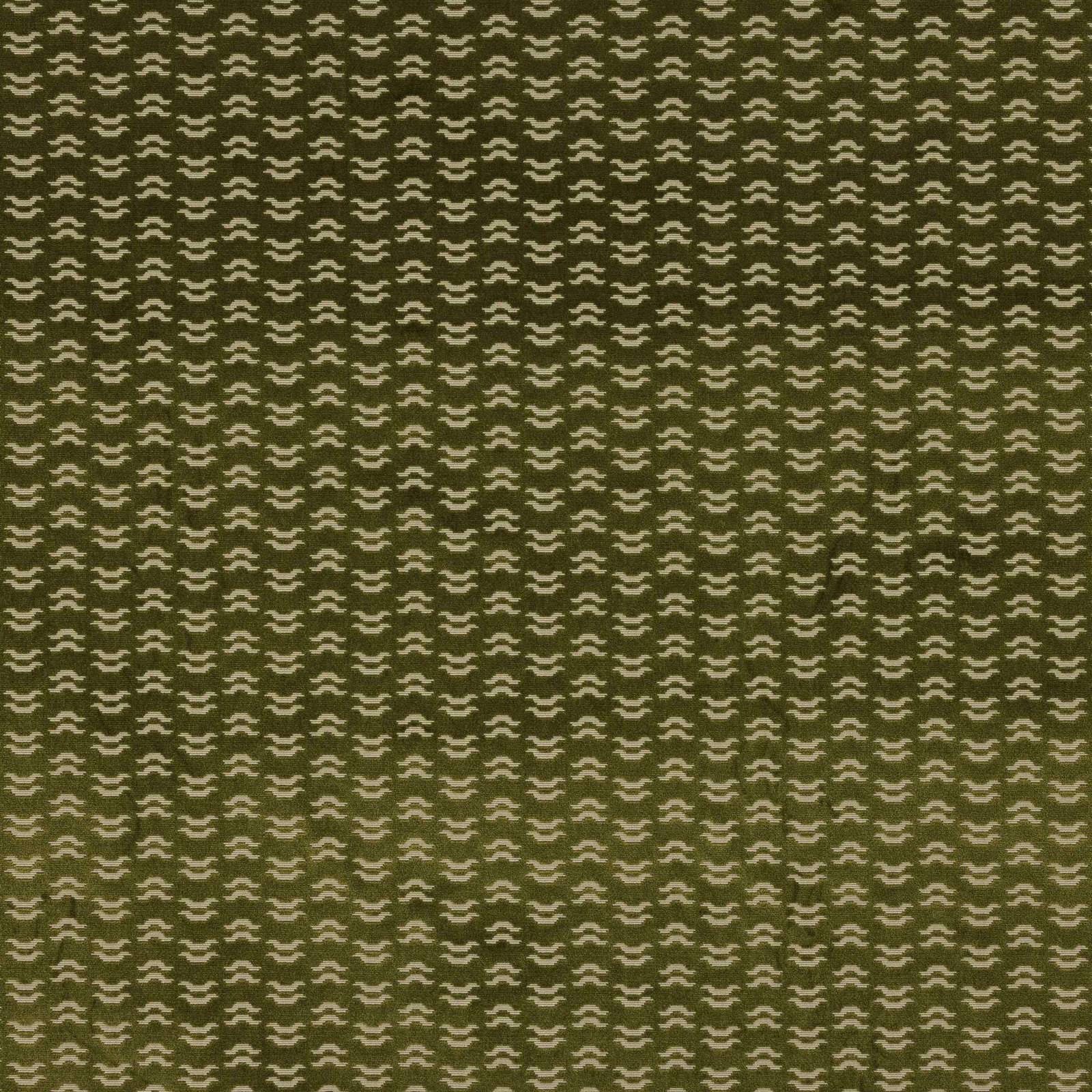 Olive green patterned fabric with small cream geometric repeats