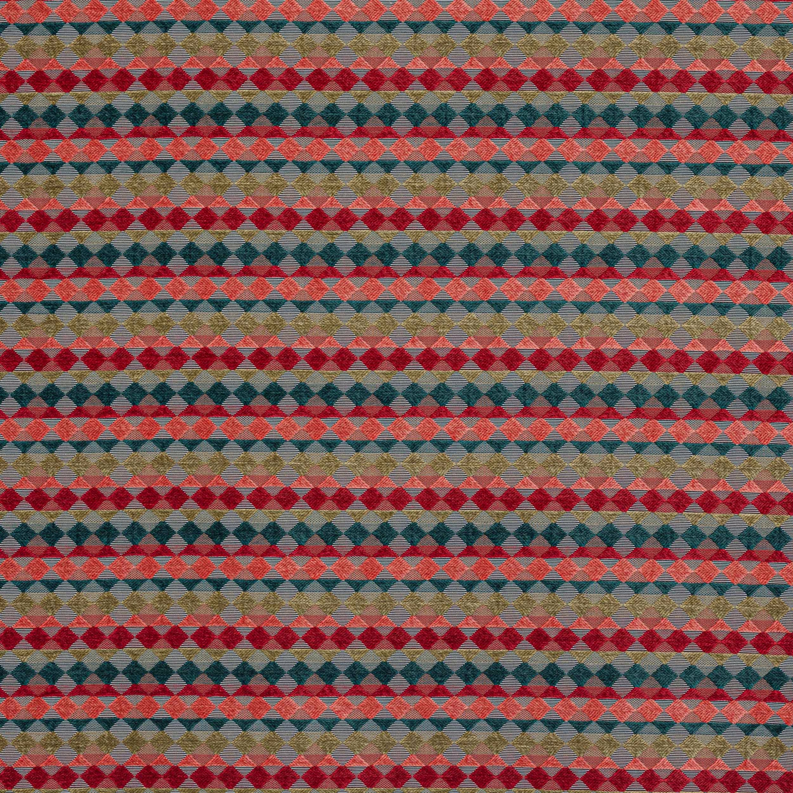 Coral, teal and olive diamond stripe woven fabric swatch