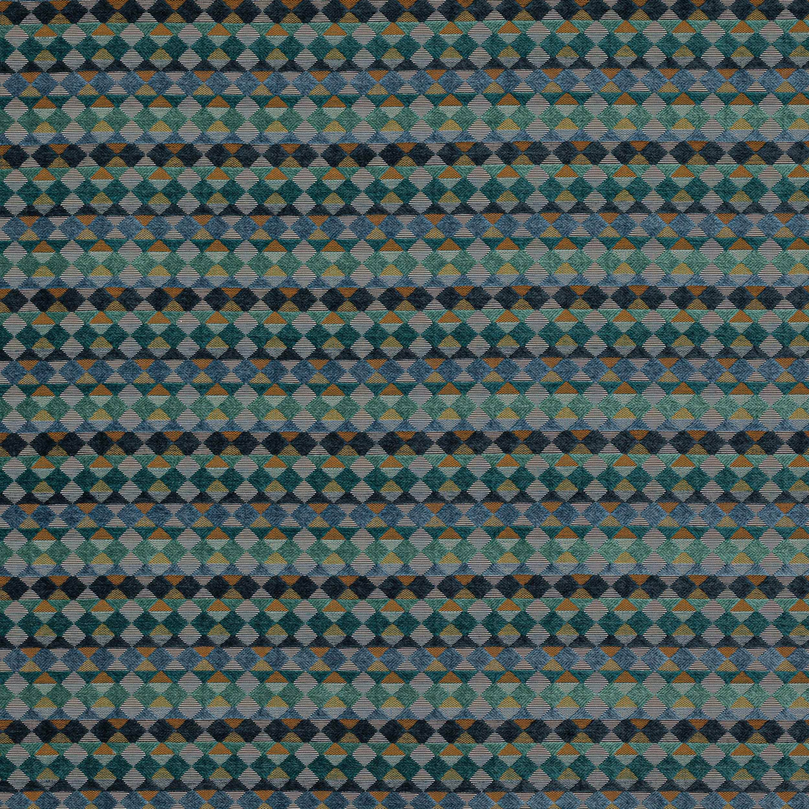 Teal, green and gold small geometric woven fabric in horizontal bands