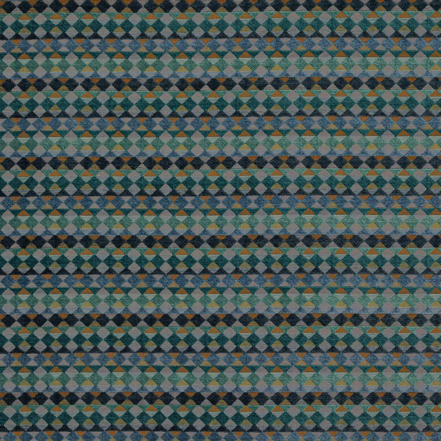 Teal, green and gold small geometric woven fabric in horizontal bands