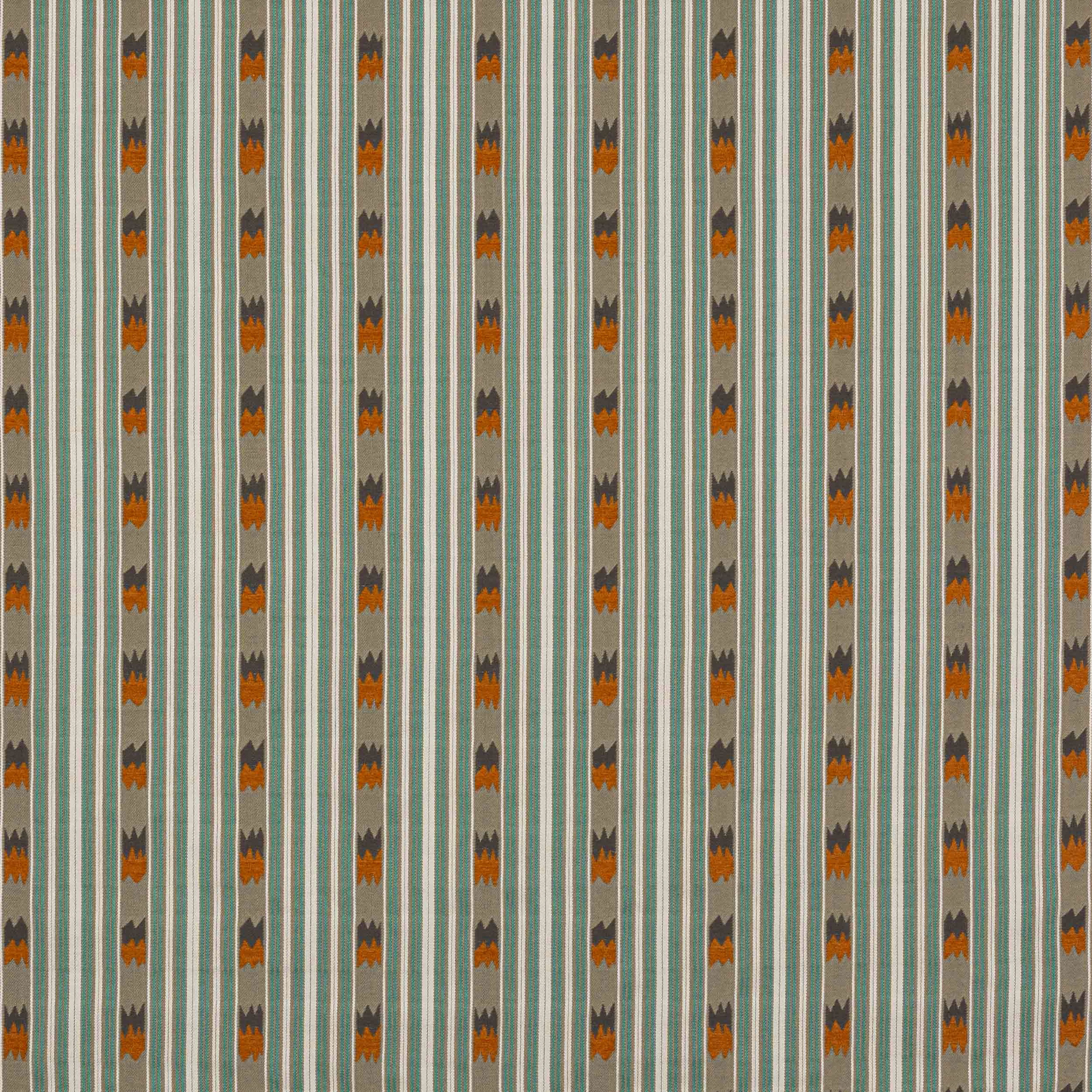 Vertical aqua and ivory striped fabric with narrow copper and charcoal accents