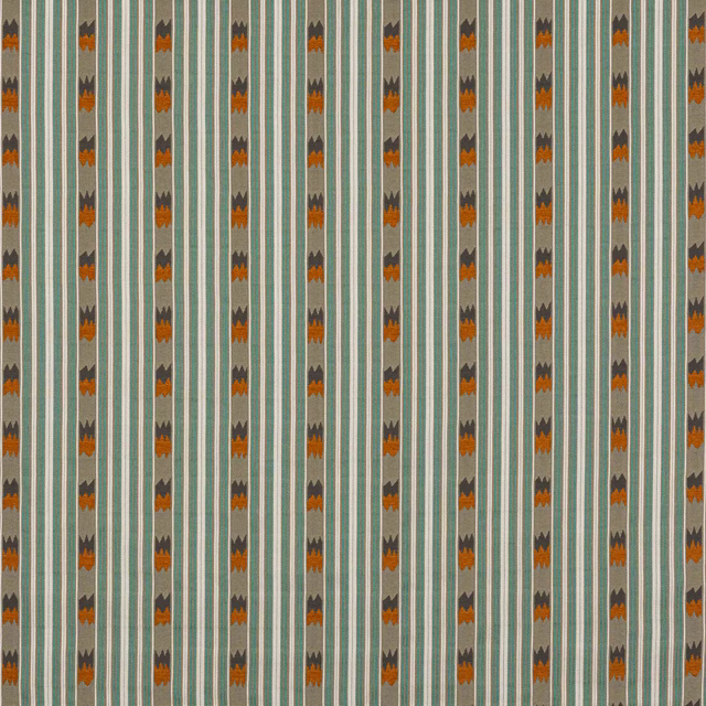 Vertical aqua and ivory striped fabric with narrow copper and charcoal accents