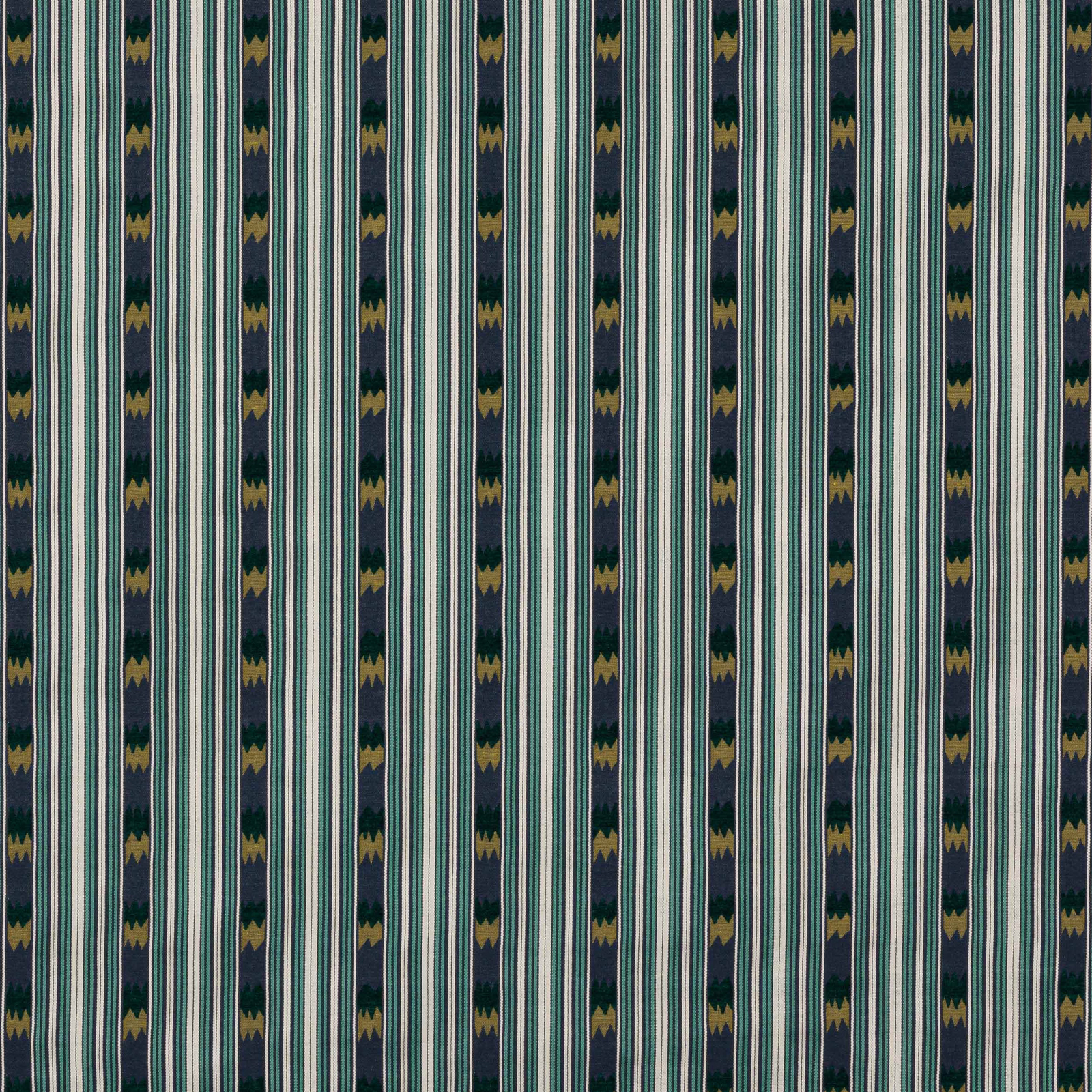 Vertical indigo and teal striped fabric with narrow decorative bands