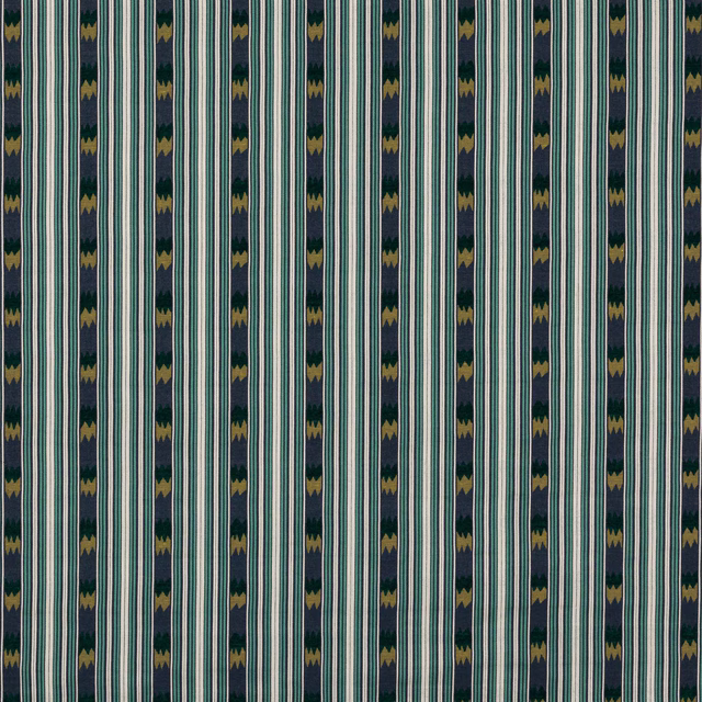 Vertical indigo and teal striped fabric with narrow decorative bands