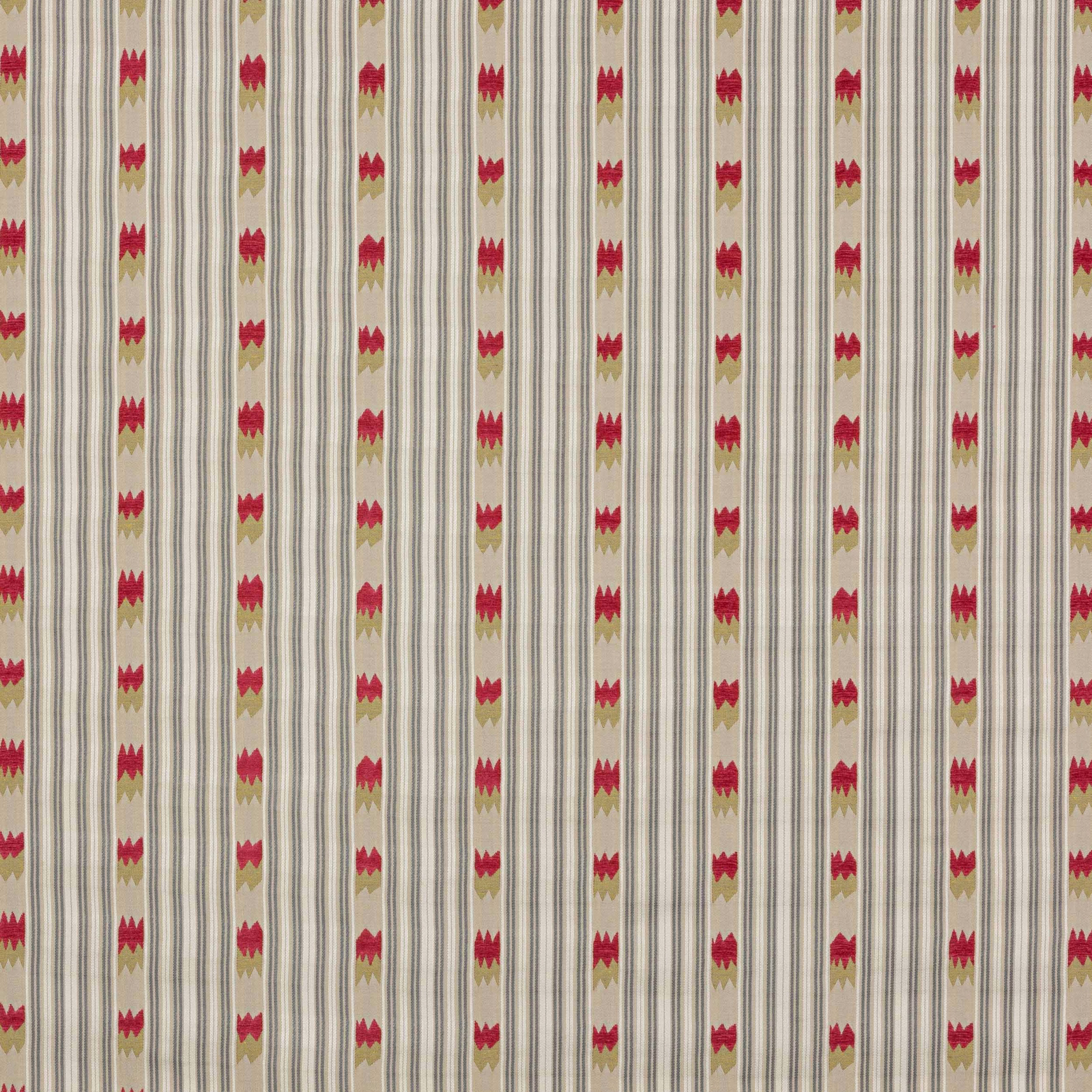 Vertical silver-grey striped fabric with narrow pink motif bands on a pale ground