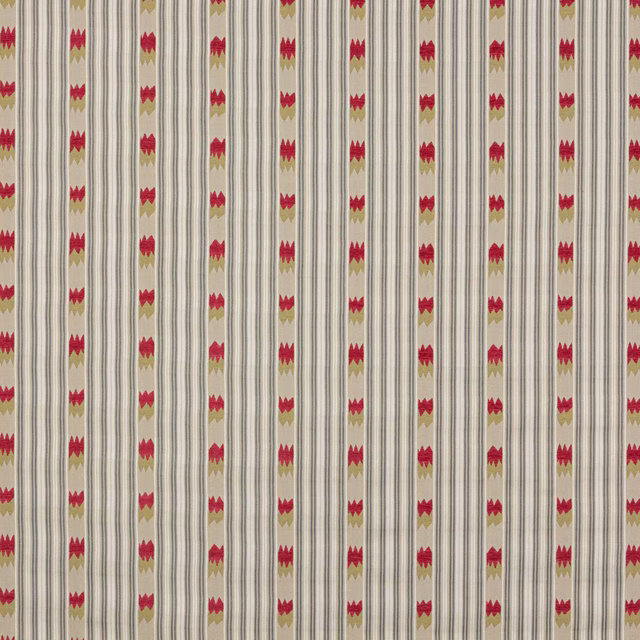 Vertical silver-grey striped fabric with narrow pink motif bands on a pale ground