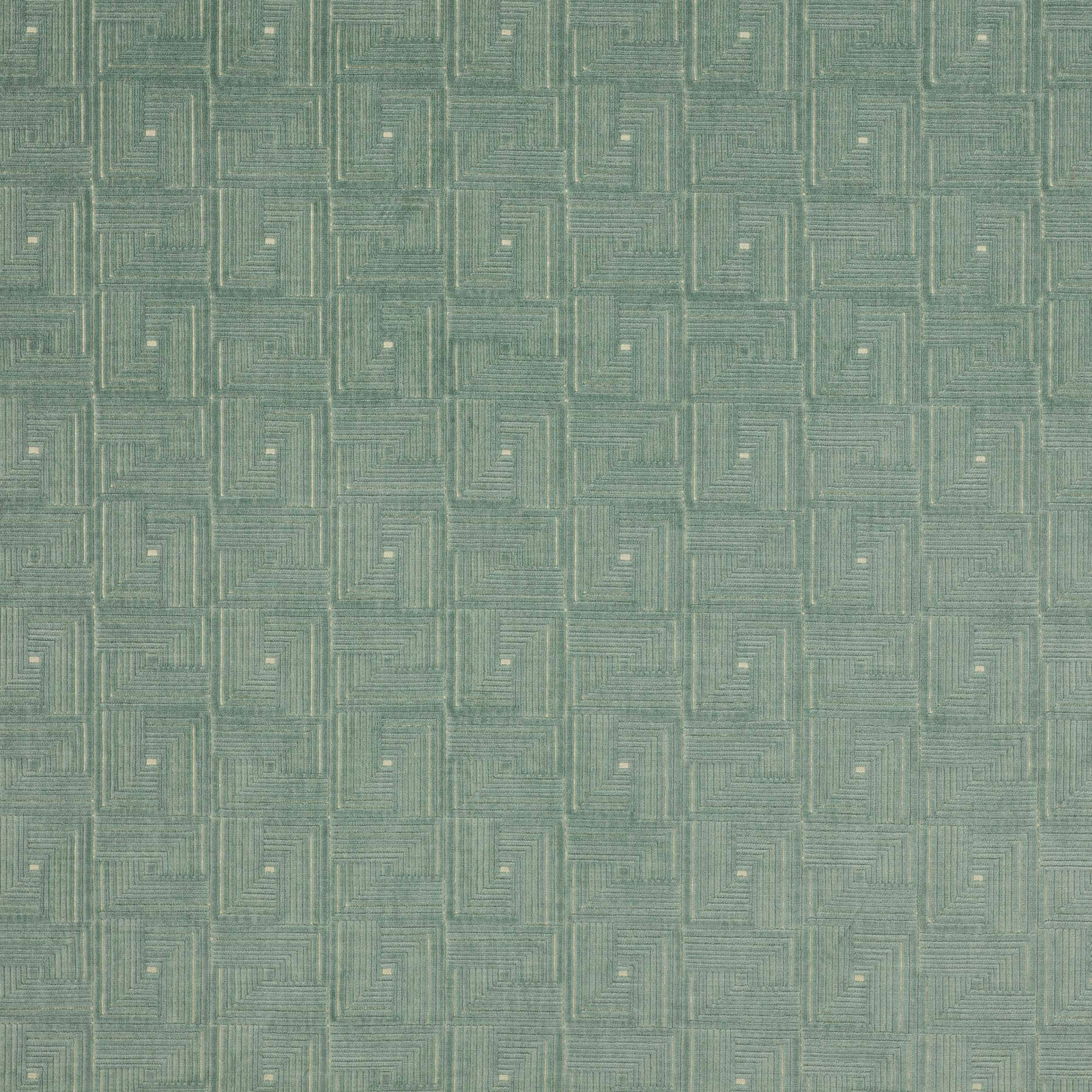 Soft aqua green geometric woven fabric with small square maze motif