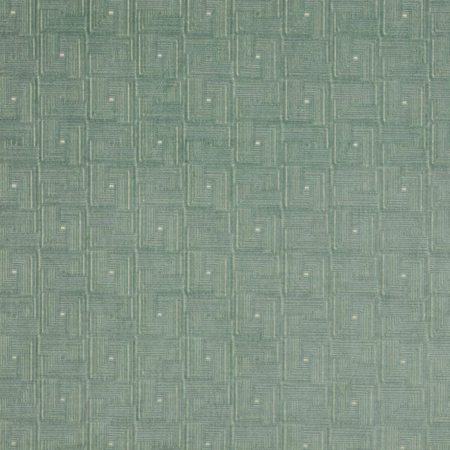 Soft aqua green geometric woven fabric with small square maze motif