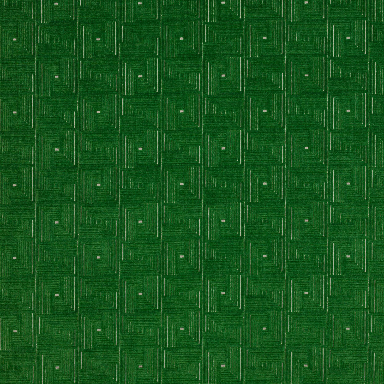 Emerald green geometric woven fabric with small square motifs and tiny pale flecks