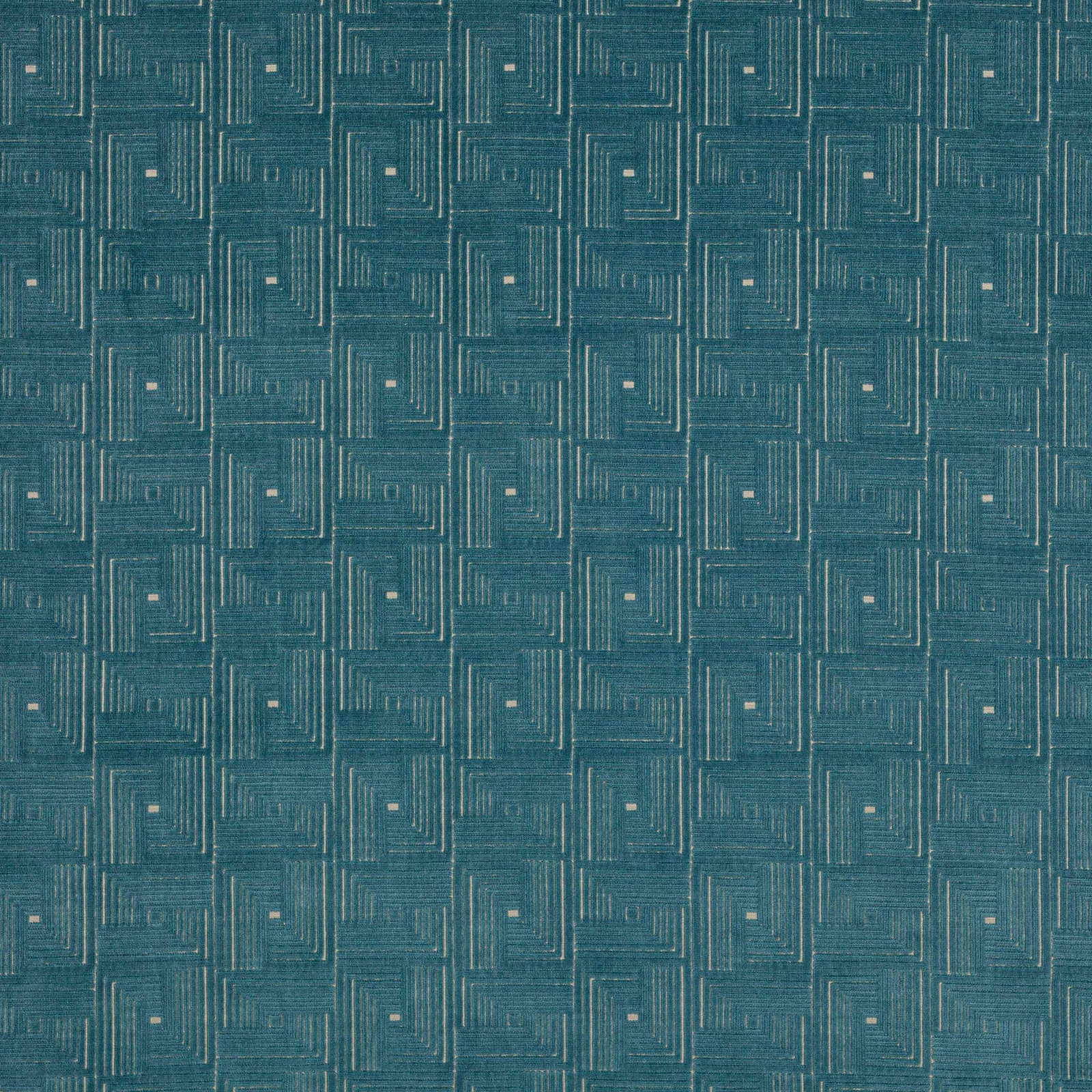 Teal geometric woven fabric with small pale square accents and textured linear pattern