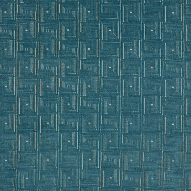 Teal geometric woven fabric with small pale square accents and textured linear pattern